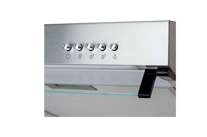Extractor de grasa acero inoxidable 76 cm Hisense, primer plano de los botones de control y mando de encendido