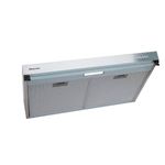 Extractor de grasa acero inoxidable 76 cm Hisense, vista frontal inferior mostrando los filtros metálicos y luz LED