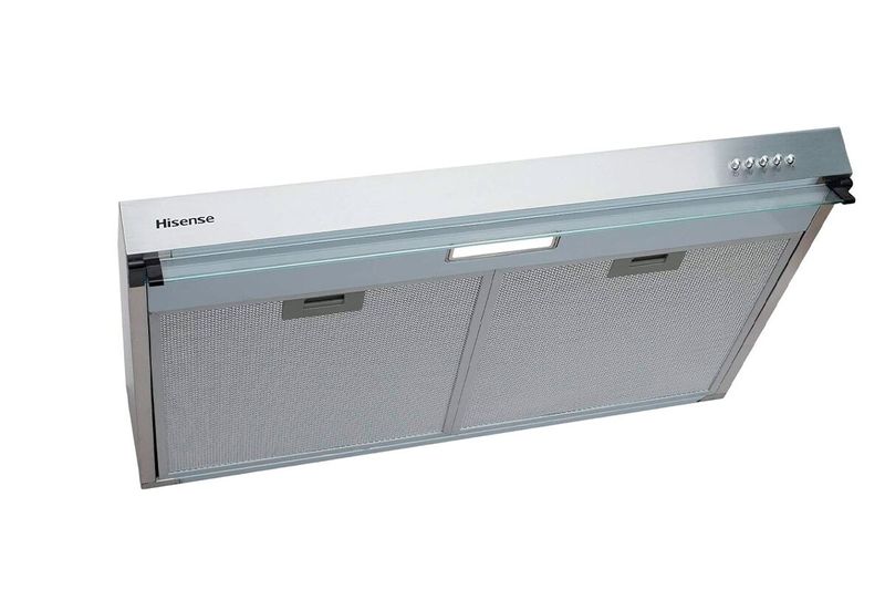 Extractor de grasa acero inoxidable 76 cm Hisense, vista frontal inferior mostrando los filtros metálicos y luz LED