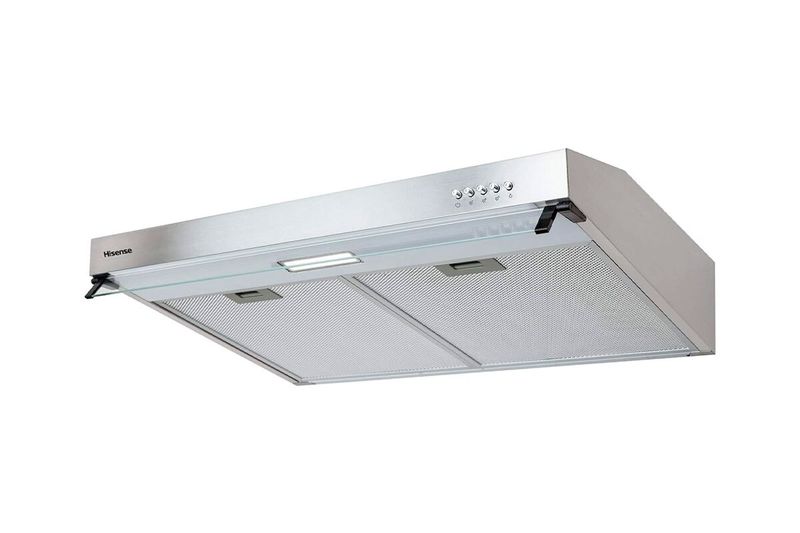 Extractor de grasa acero inoxidable 76 cm Hisense, vista inferior mostrando los filtros metálicos y la luz central
