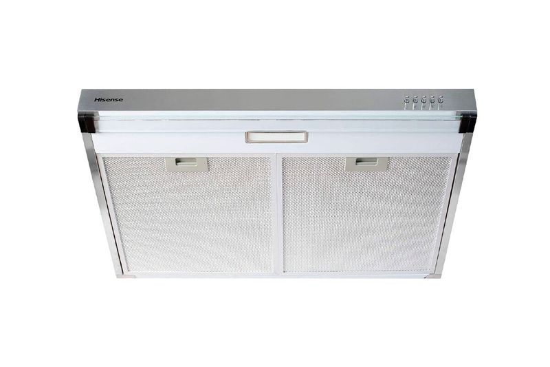 Extractor de grasa acero inoxidable 76 cm Hisense, vista frontal inferior con filtros metálicos y panel de control