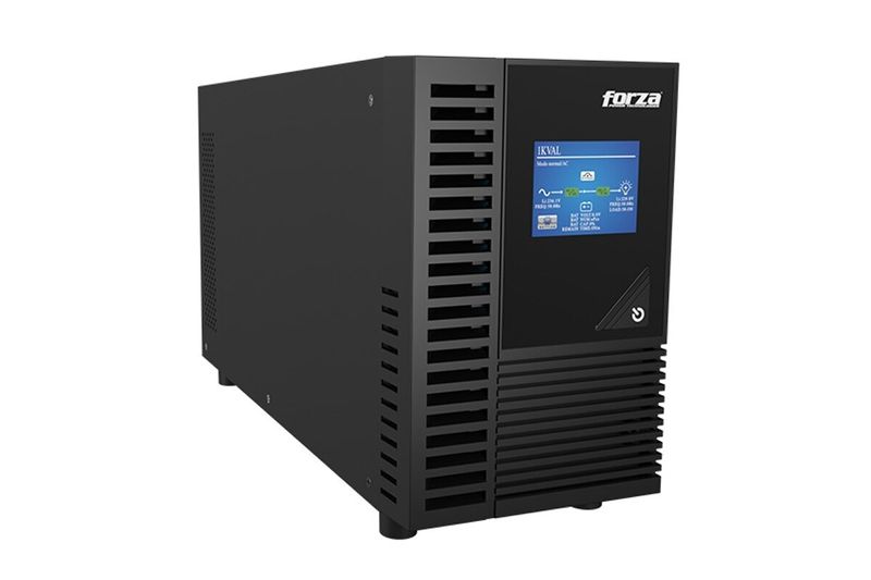 UPS online doble conversión 2000 VA/1800 W 120 V 4 NEMA 5-15 Forza, vista frontal del equipo negro con pantalla encendida