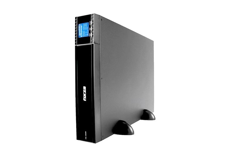 UPS online 3000 VA/2700 W 220 V 6 NEMA 5-20R Forza, vista lateral trasera del equipo en color negro con soportes