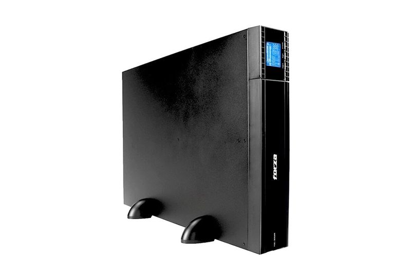 UPS online 3000 VA / 2700 W 220 V 6 NEMA 5-20R Forza, vista lateral trasera en color negro con soportes curvos