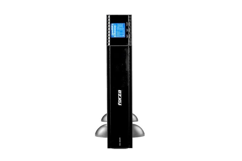 UPS online 3000 VA/2700 W 220 V 6 NEMA 5-20R Forza, frente del equipo negro con pantalla digital azul encendida