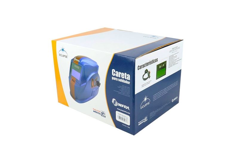 Máscara electrónica para soldar clásica Infra, vista de la caja blanca y azul con ilustración del producto
