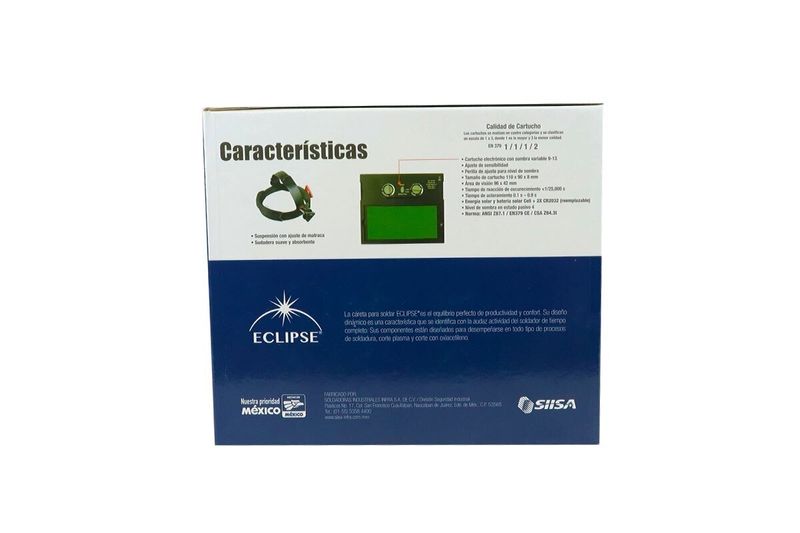 Máscara electrónica para soldar clásica Infra, parte posterior de la caja con tabla de características y especificaciones