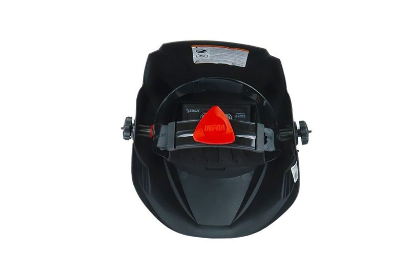 Máscara electrónica para soldar clásica Infra, vista interior del casco con el ajuste de cabeza y logo rojo