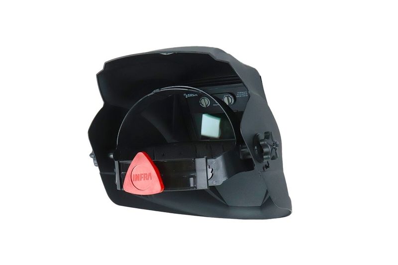 Máscara electrónica para soldar clásica Infra, vista interior del casco mostrando la banda ajustable y el visor