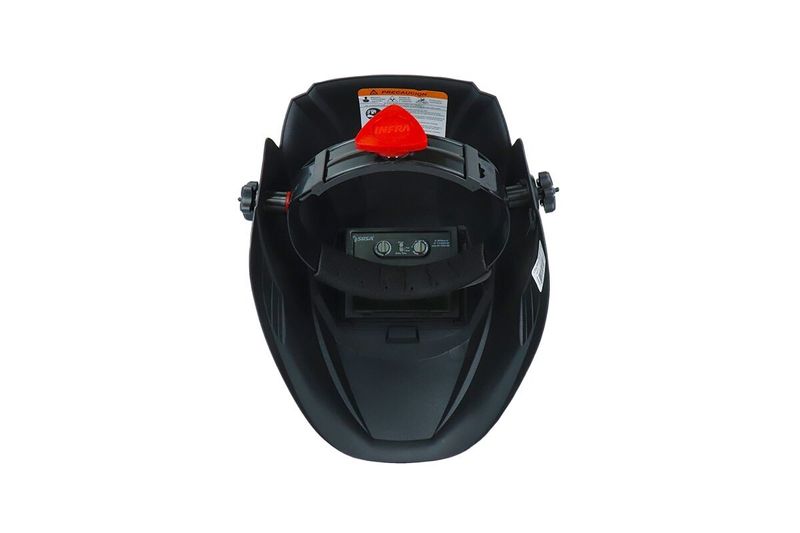 Máscara electrónica para soldar clásica Infra, vista interior del casco mostrando el panel de control y el arnés