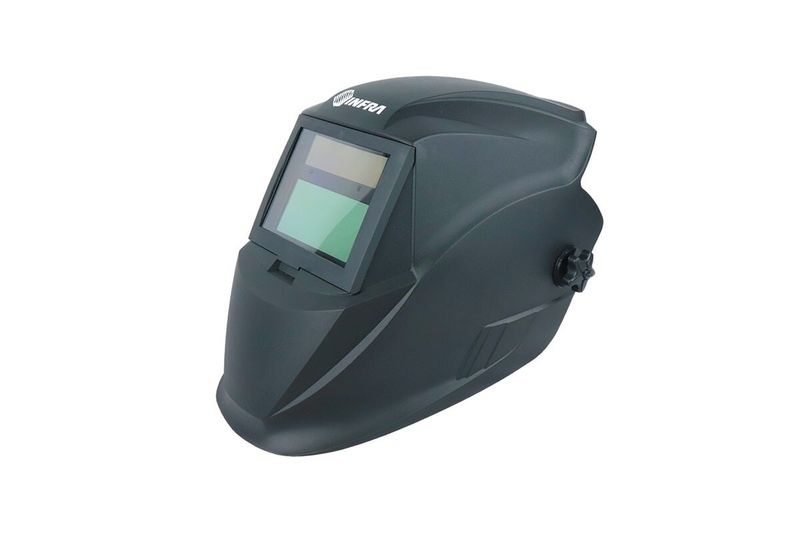 Máscara electrónica para soldar clásica Infra, vista lateral en color negro resaltando el visor y perilla de ajuste