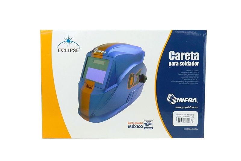 Máscara electrónica para soldar clásica Infra, caja blanca y amarilla con ilustración de la careta azul y naranja