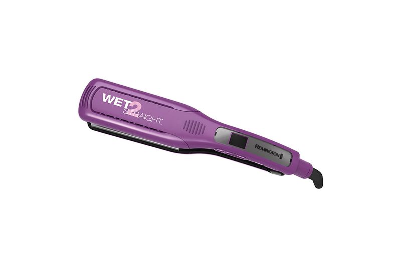 Plancha alisadora Wet2Straight morada Remington, vista lateral del equipo cerrado sobre fondo blanco