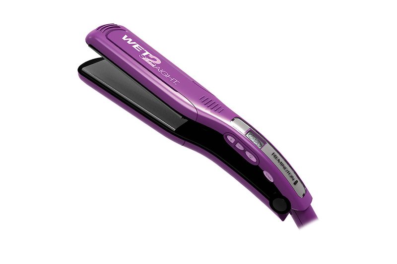 Plancha alisadora Wet2Straight morada Remington, vista lateral abierta mostrando las placas y botones de control