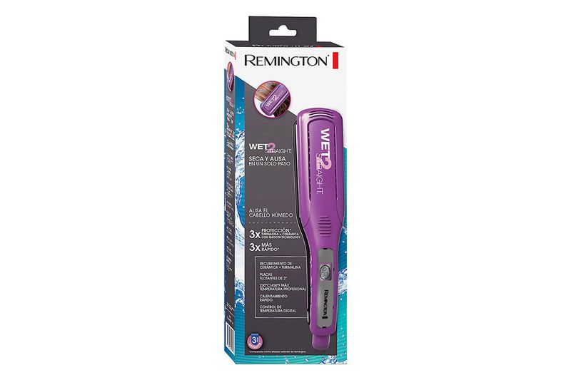 Plancha alisadora Wet2Straight morada Remington, vista frontal del producto dentro de su empaque original