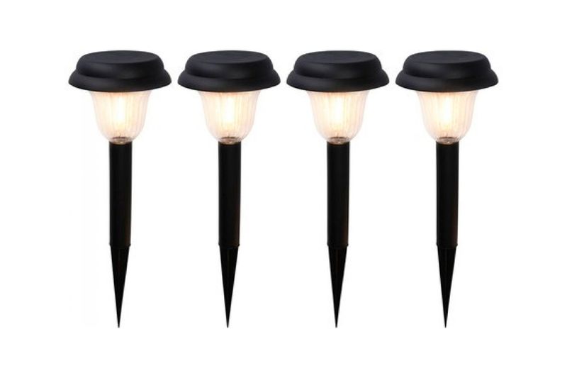Set de 4 piezas estaca solar LED farol con luz blanca cálida ProGarden Koopman, cuatro unidades negras iluminadas