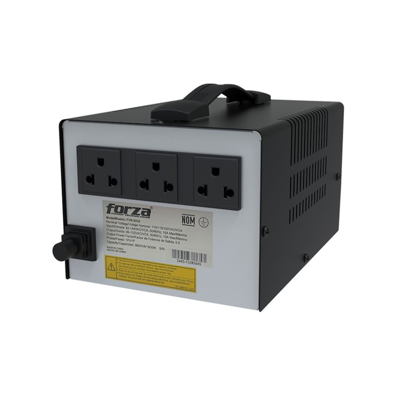 Regulador de voltaje con supresor 4 salidas 600 VA/3000 W 220 V Forza Nema Universal, vista trasera de los enchufes y