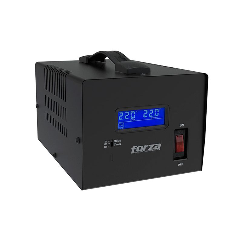 Regulador de voltaje con supresor 4 salidas 600 VA / 3000 W 220 V Forza Nema Universal, vista frontal con pantalla digital