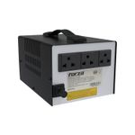 Regulador de voltaje con supresor 4 salidas 600 VA/3000 W 220 V Forza Nema Universal, vista frontal de las tomas y etiqueta
