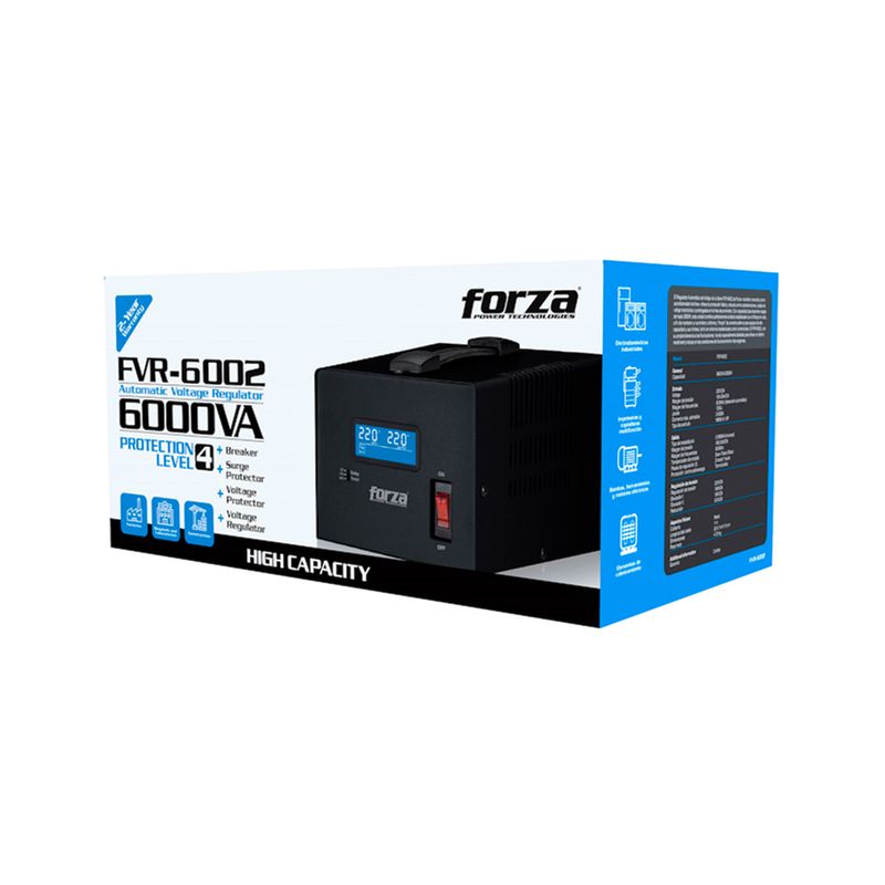 Regulador de voltaje con supresor 4 salidas 600 VA / 3000 W 220 V Forza Nema Universal, en su caja con especificaciones