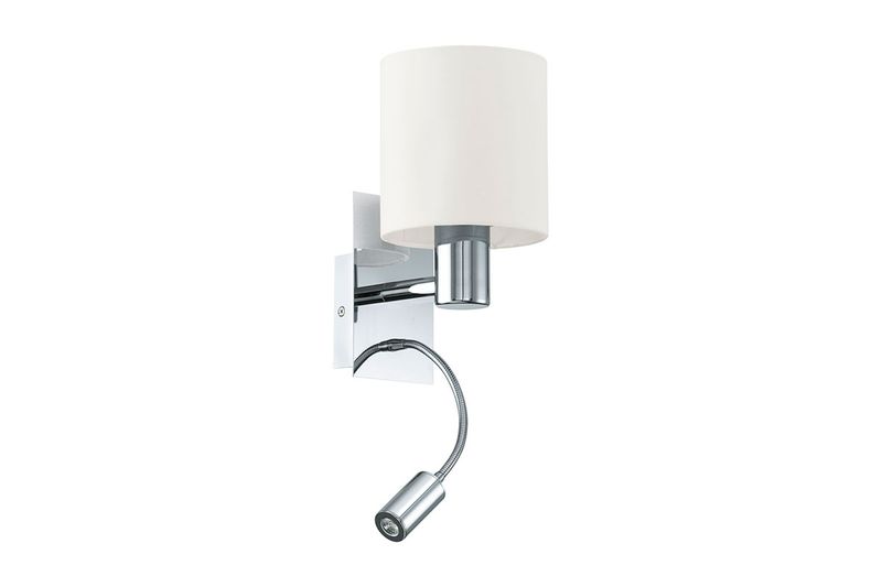 Lámpara de pared Halva 1L E27 40W beige Eglo, vista frontal con pantalla cilíndrica y brazo flexible cromado
