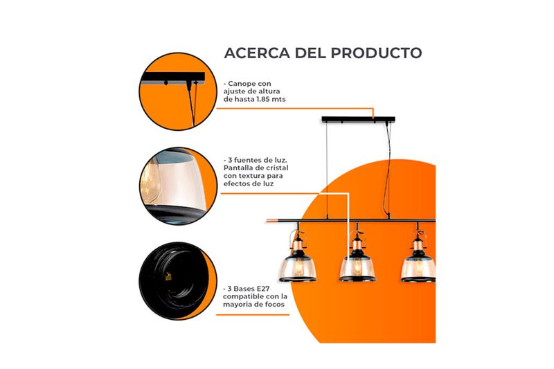 Luminaria colgante Columba II 3L E27 8.5 W x 3 Tecnolite, gráfico informativo con detalles del canope, pantalla y bases
