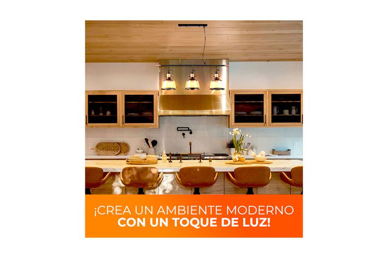 Luminaria colgante Columba II 3L E27 8.5Wx3 Tecnolite, instalada sobre una barra de cocina con luces encendidas