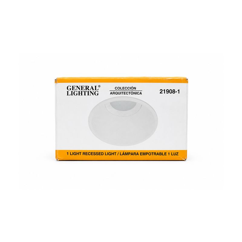 Lámpara de techo empotrable LED cúpula redonda 1L GU10 5W Sinsa, en su caja blanca con detalles amarillos