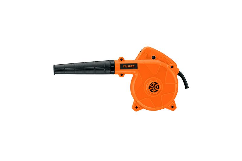 Sopladora/aspiradora eléctrica 650 W Truper, vista lateral de la herramienta en color naranja con boquilla negra