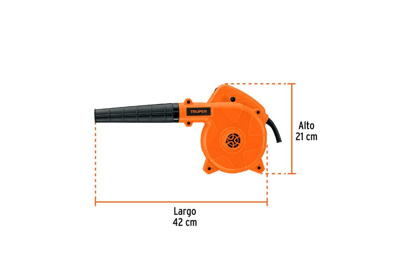 Sopladora/aspiradora eléctrica 650 W Truper, gráfico con medidas de largo 42 cm y alto 21 cm sobre el equipo naranja