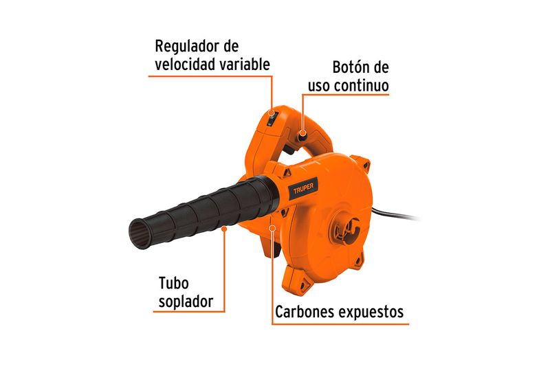 Sopladora/aspiradora eléctrica 650 W Truper, vista lateral con etiquetas indicando el tubo, regulador y botón de uso