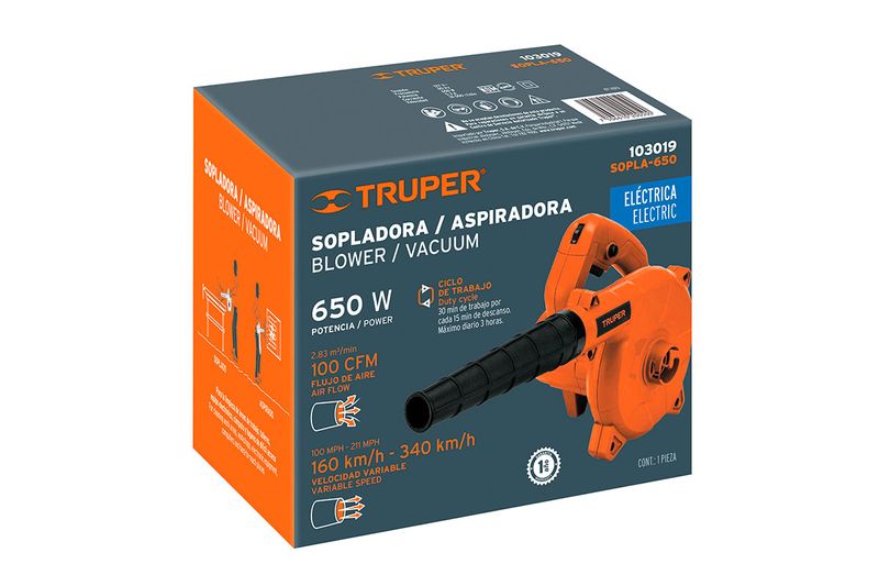 Sopladora/aspiradora eléctrica 650 W Truper, caja de cartón con ilustración del equipo y especificaciones técnicas