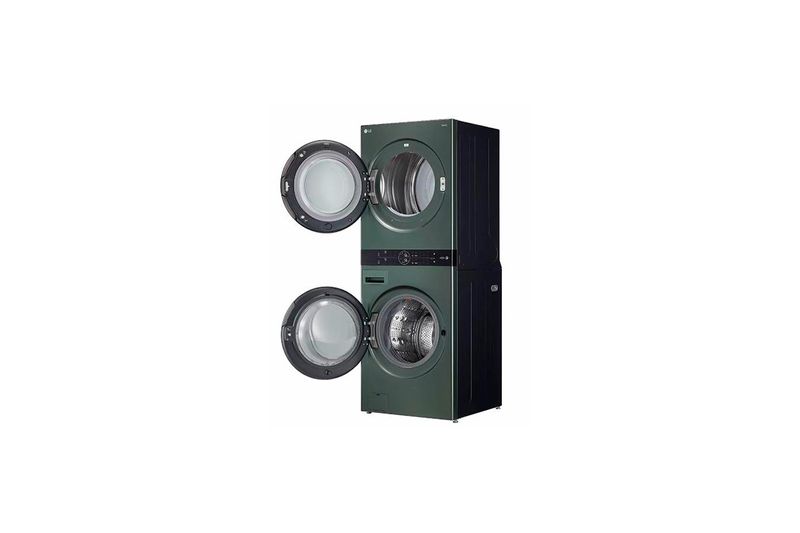 Torre de lavado AI Direct Drive a gas 22/25 kg verde LG, vista frontal con ambas puertas abiertas
