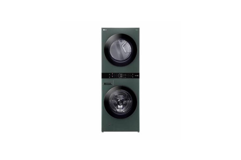 Torre de lavado AI Direct Drive a gas 22/25 kg verde LG, vista frontal completa del equipo