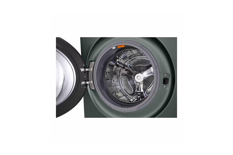 Torre de lavado AI Direct Drive a gas 22/25 kg verde LG, primer plano del tambor metálico con la puerta abierta