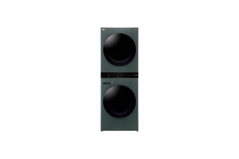 Torre de lavado AI Direct Drive a gas 22/25 kg verde LG, vista frontal del equipo con lavadora y secadora apiladas