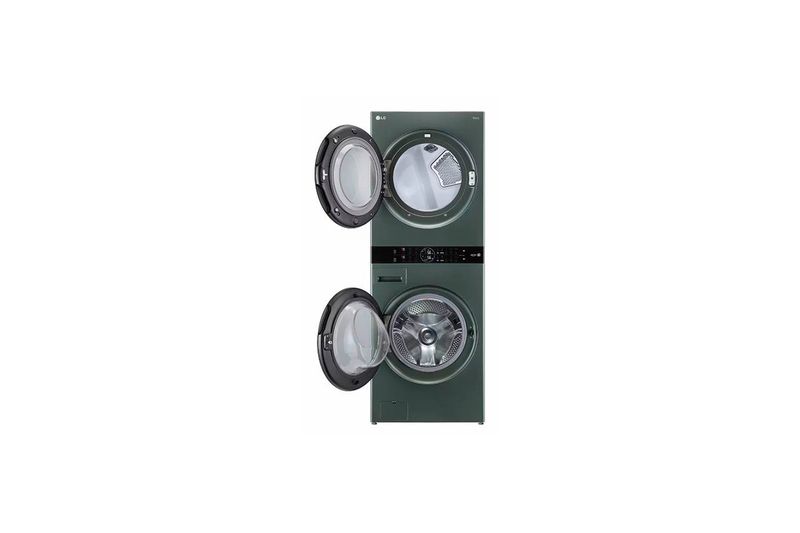 Torre de lavado AI Direct Drive a gas 22/25 kg verde LG, vista frontal con ambas puertas abiertas mostrando los tambores