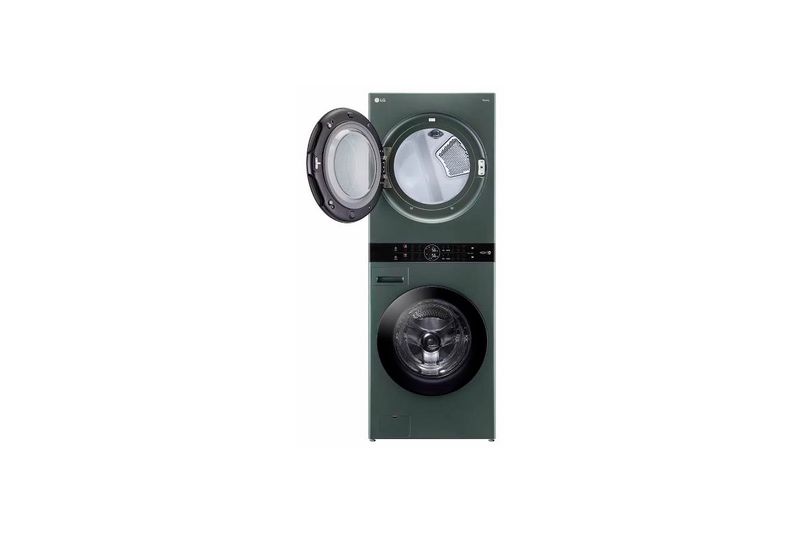 Torre de lavado AI Direct Drive a gas 22/25 kg verde LG, vista frontal con la puerta de la secadora abierta