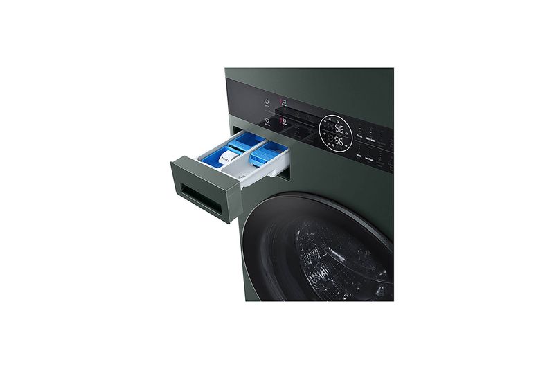 Torre de lavado AI Direct Drive a gas 22/25 kg verde LG, detalle del cajón dispensador de detergente abierto
