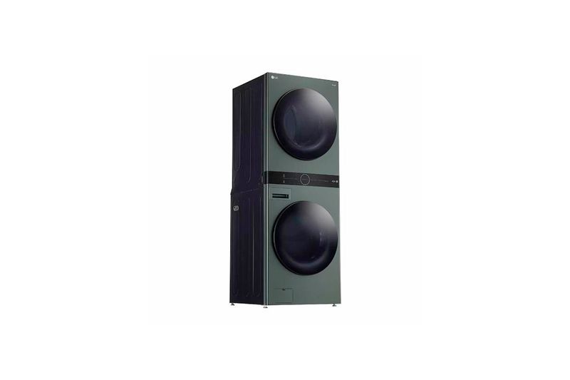 Torre de lavado AI Direct Drive a gas 22/25 kg verde LG, vista frontal en ángulo tres cuartos resaltando el lateral oscuro