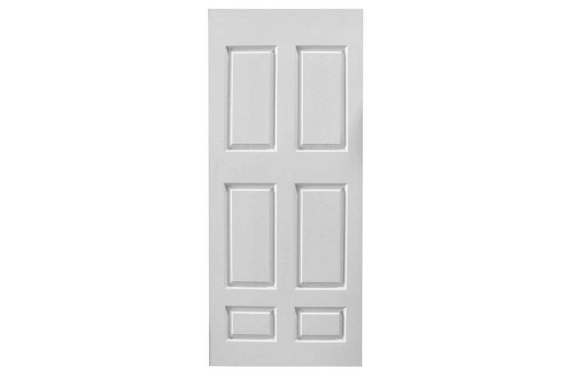Puerta Fibran LP sin pintar Puertas Globales de 80 cm x 210 cm con 6 tableros interiores, vista frontal de color blanco
