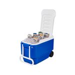 Hielera 38 qt de rueda con agarradera azul/blanco Igloo, abierta con hielo y varias latas de cerveza en su interior