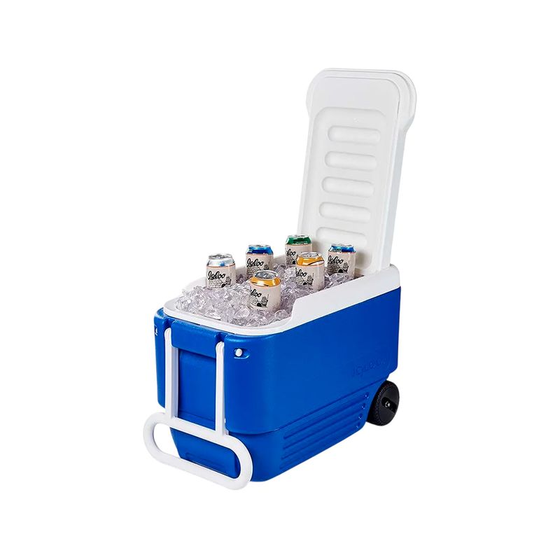 Hielera 38 qt de rueda con agarradera azul/blanco Igloo, abierta con hielo y varias latas de cerveza en su interior