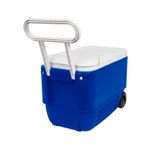 Hielera de rueda con agarradera 38 qt Igloo azul y blanco, vista lateral donde se aprecia la rueda negra