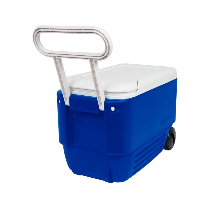 Hielera de rueda con agarradera 38 qt Igloo azul y blanco, vista lateral donde se aprecia la rueda negra