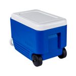 Hielera de 38 QT con rueda y agarradera azul y blanco Igloo, vista lateral trasera resaltando las ruedas negras