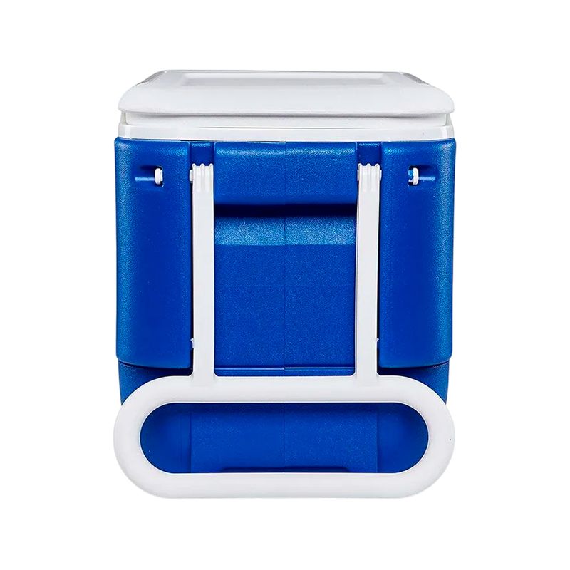 Hielera de 38 QT de rueda con agarradera azul y blanco Igloo, vista frontal del asa blanca y el cuerpo azul