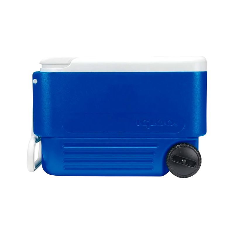 Hielera 38 QT de rueda con agarradera azul y blanco Igloo, vista lateral resaltando la rueda negra y la agarradera blanca