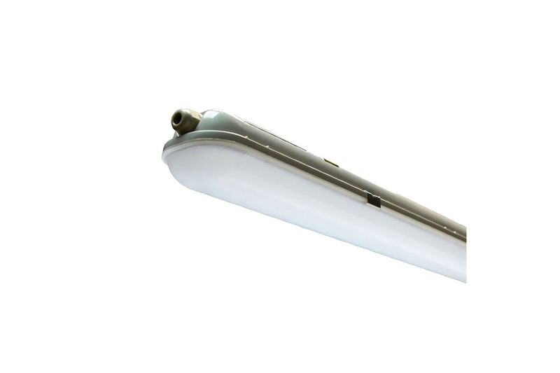 Luminaria LED hermética 36 W 6500 K 4500 lm IP65 IK05 Sylvania, vista lateral del difusor blanco y cuerpo gris