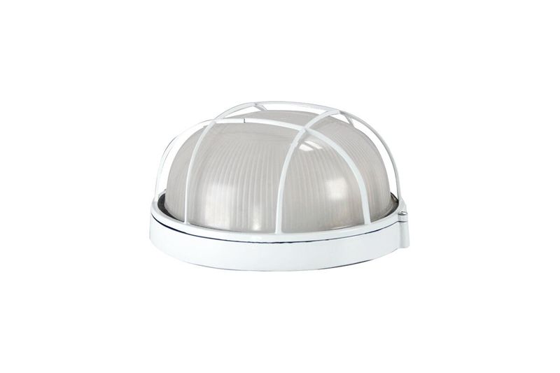 Luminaria de pared de tortuga exterior redondo Designers blanco E27 1 luz 60 W, vista frontal con rejilla protectora